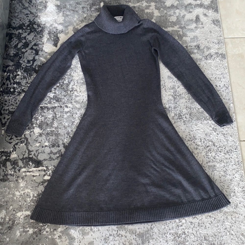 Lacoste Pure Wool gray long sleeve turtle neck fit and flare dress